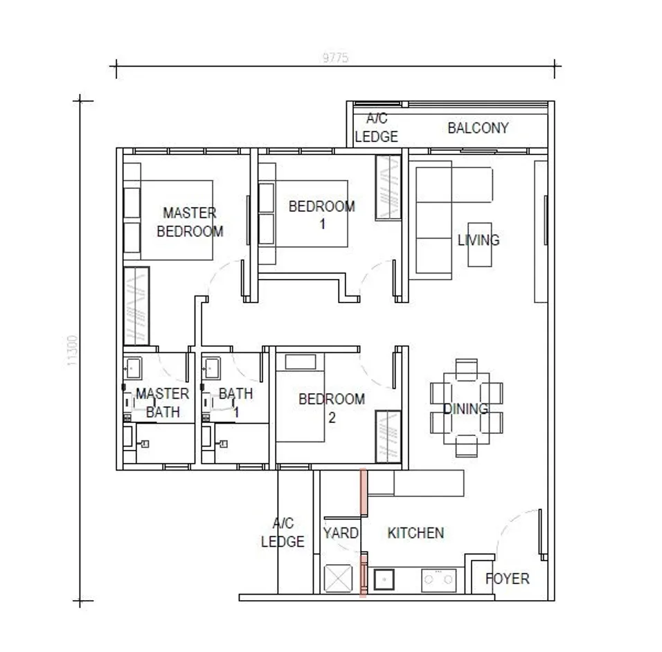 D'Evia Type B floor plan — 3 rooms 958 sqft
