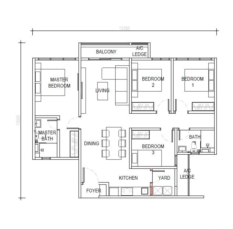 D'Evia Type C floor plan — 4 rooms 1109 sqft